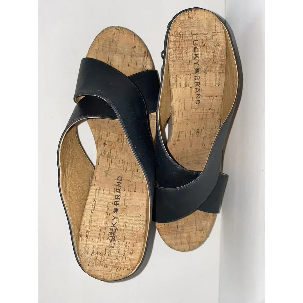 The Lucky Brand Sz 8.5 Dark Blue Strappy Nailhead Cork Wedge Sandal